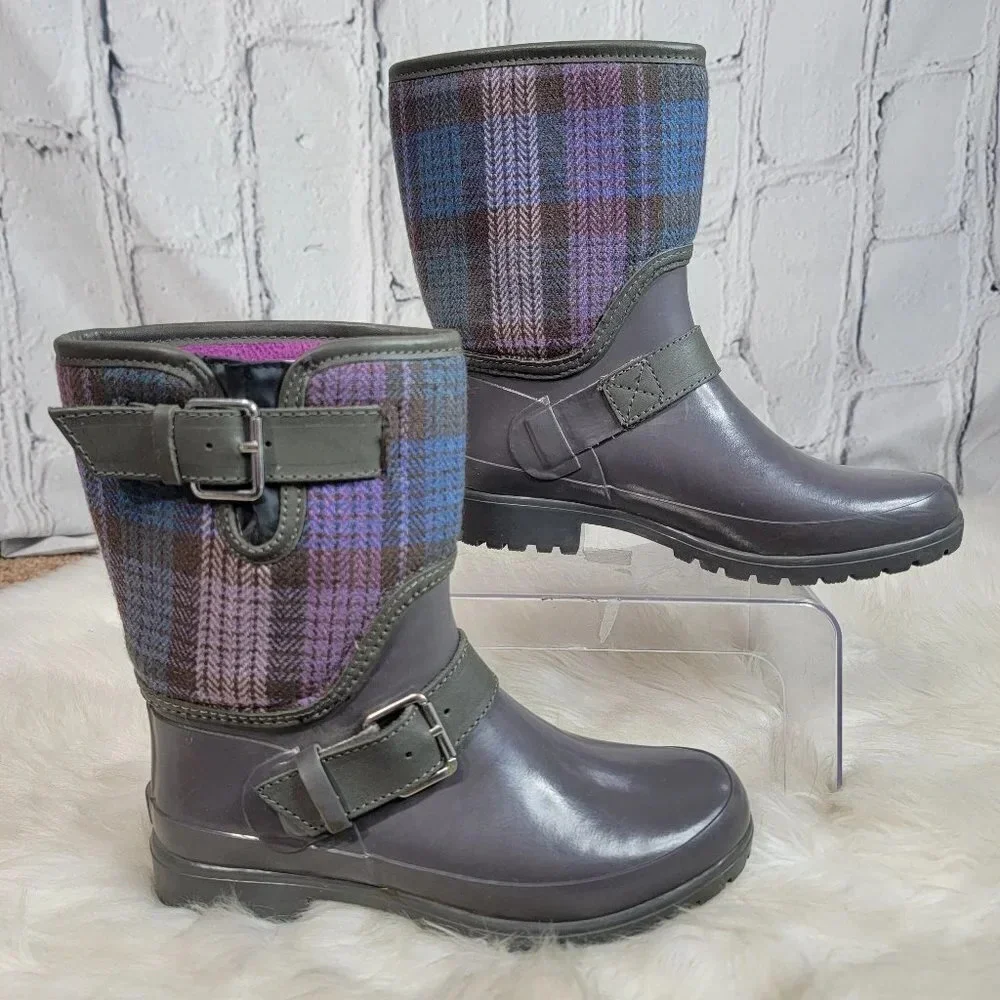 Sperry Rain Boots ‎ Womens 6 Plaid Fabric Rubber Waterproof Outdoor Preppy Cute